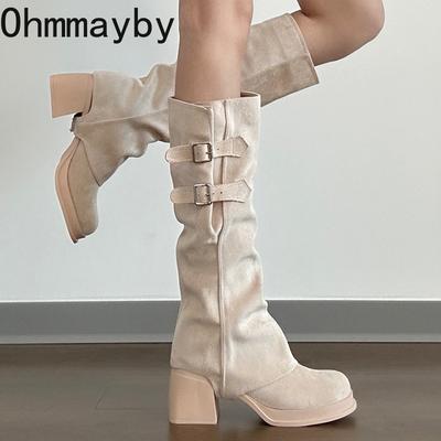 Винтажные женские брюки, ботинки, съемная пряжка ремня, осенне-зимняя обувь, толстый каблук, элегантные женские длинные ботильоны