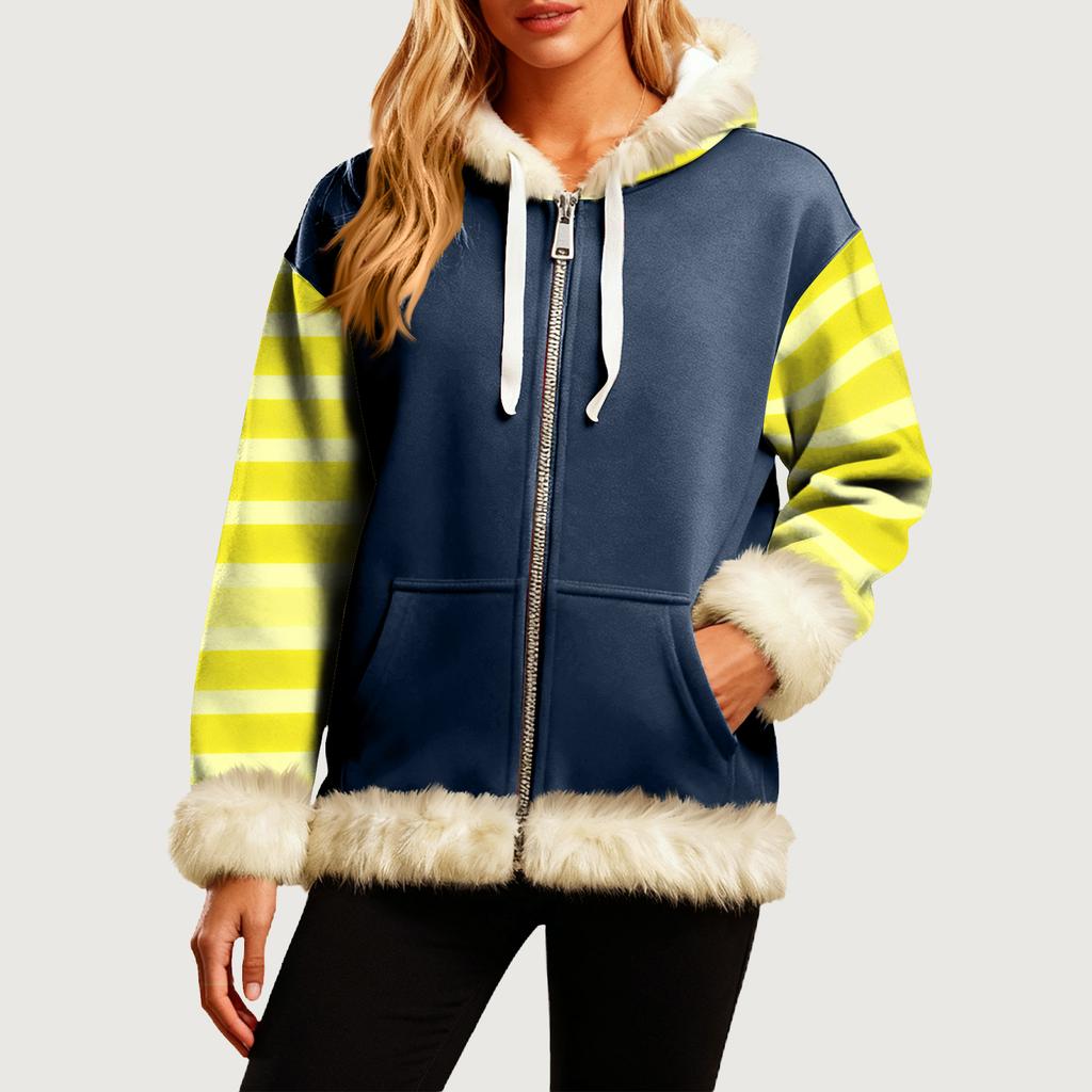 Женская Удобная Свободная Модная Повседневная Толстовка-Куртка с Длинным Рукавом, Карманами и Капюшоном с Полосатым Принтом