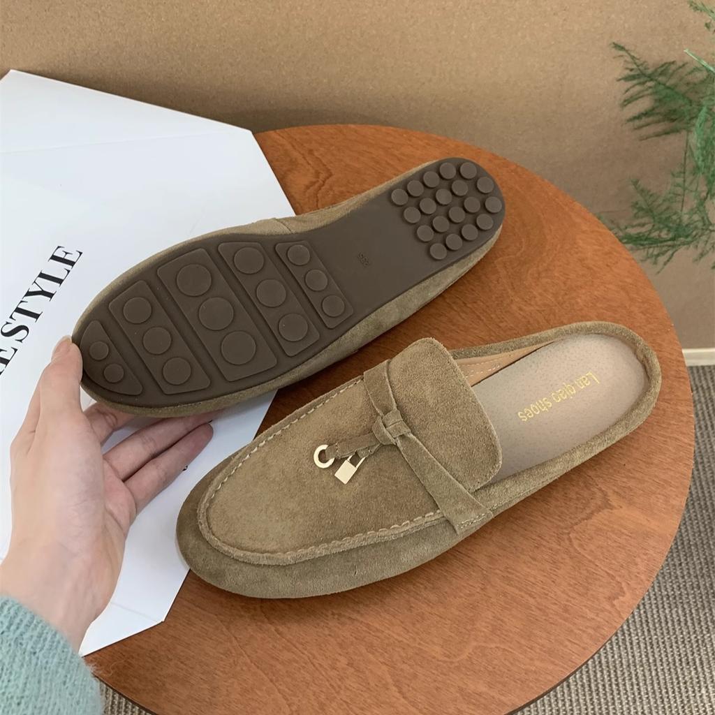 Muller Slippers High Quality Luxury Loafers Suede Shoes Round Toe for Women Moccasins Comfortable Female Lazy Slip-on Fl