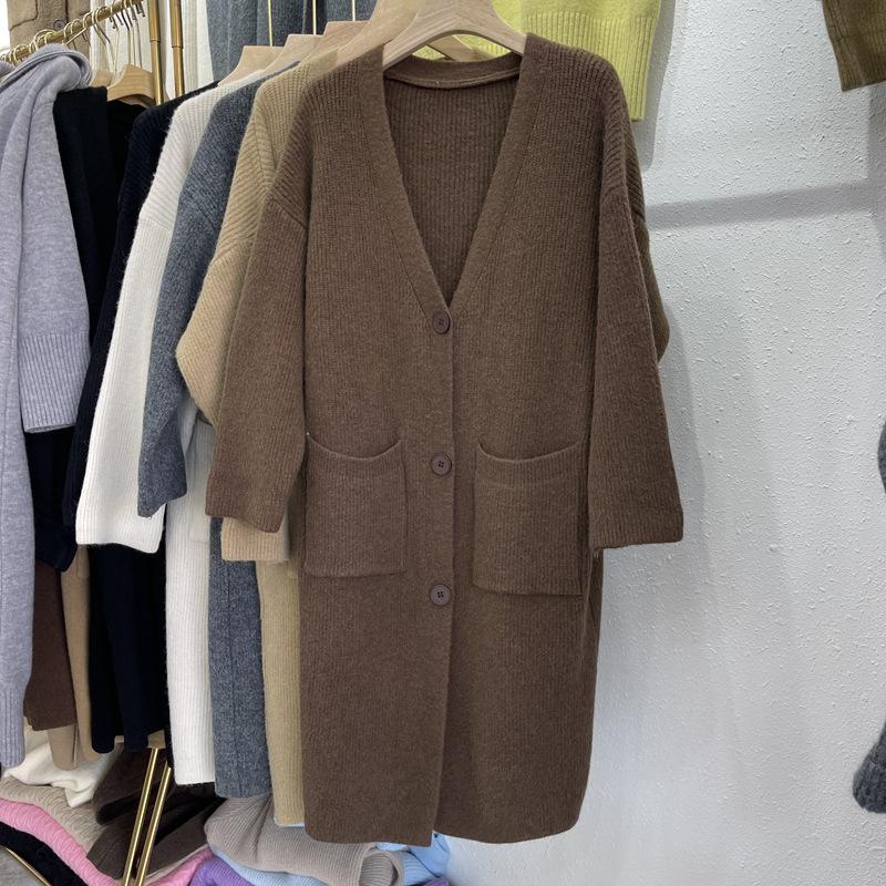 Свитер средней длины, кардиган, женская куртка в стиле ленивой вязки на осень и зиму, свитер выше колена, свободный вязаный свитер, верхняя одежда