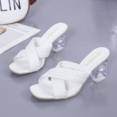 Модные прозрачные странные босоножки на высоком каблуке женские летние плюс плетение женские шлепанцы модные