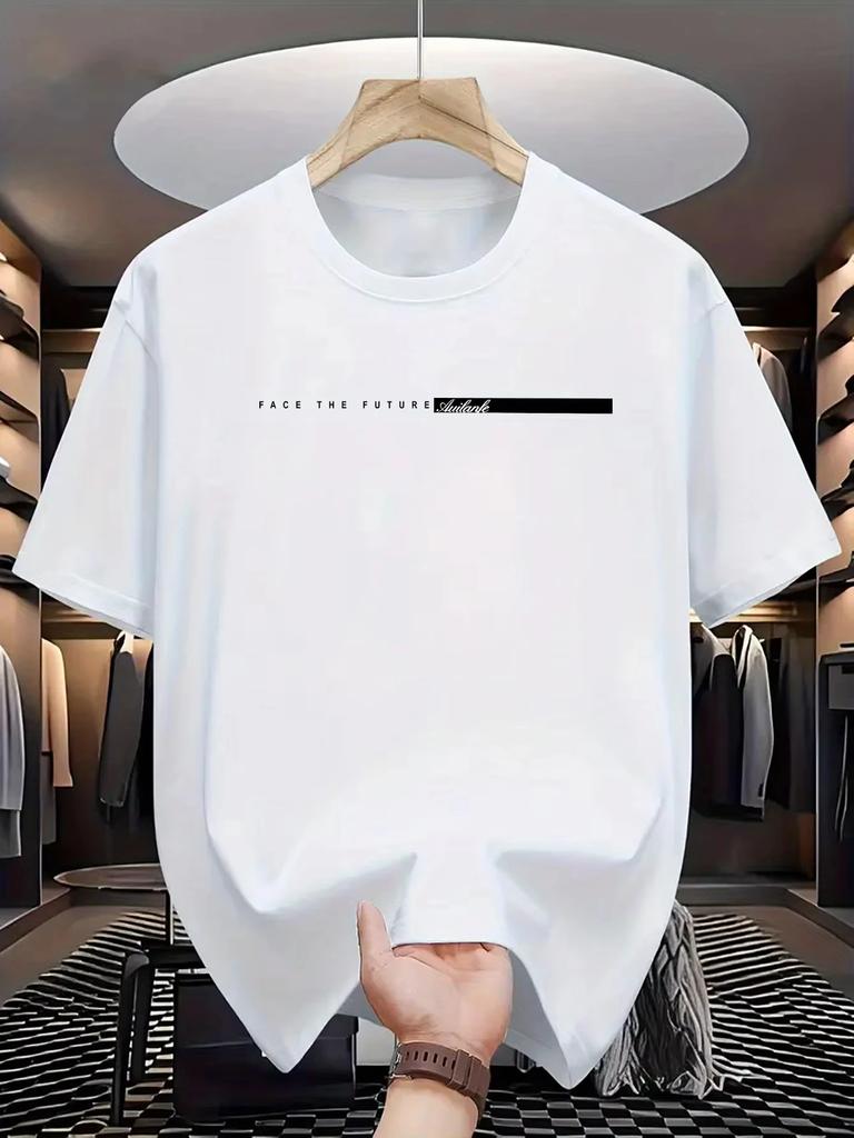 Men's Summer Cotton Casual Loose Big Letter Print Crew Neck Short Sleeve T-shirt, Street Style Neutral T-shirt.