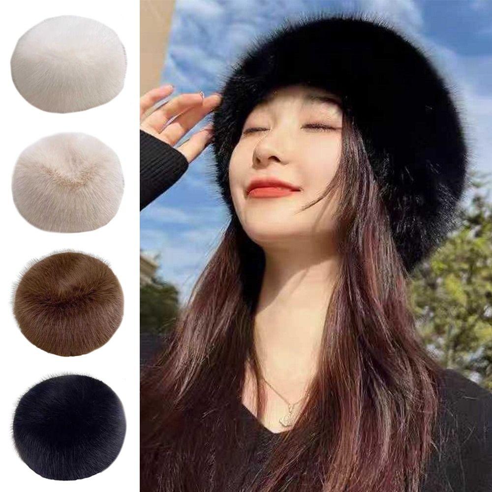 Round Top Mongolian Fluffy Hat Smooth Plush Faux Fur Hat Flat Top Warm Bucket Hat Ladies Headwear