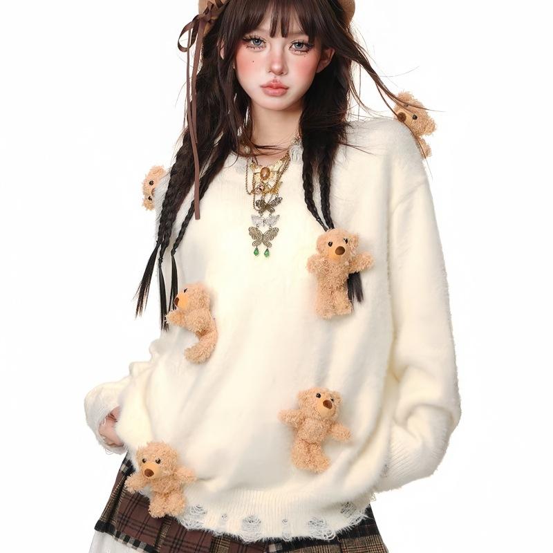 Милый и ленивый свитер женский с медвежьими аксессуарами, мягкий и восковой, осенне-зимний, свободный, с длинным рукавом, вязаный свитер-топ, женская одежда