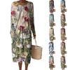 Women's Fashion Casual Long Sleeve Floral Print Round Neck Pocket Elegant Temperament Dress