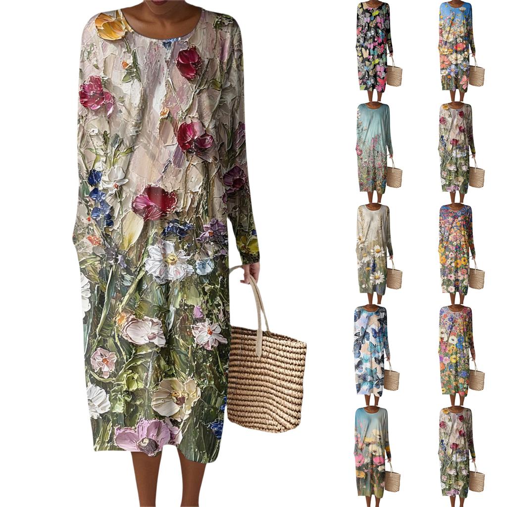 Women's Fashion Casual Long Sleeve Floral Print Round Neck Pocket Elegant Temperament Dress