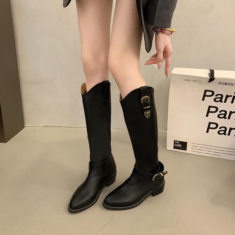 Акция на женскую обувь 2024 года, высококачественные женские ботинки, зимние, с пряжкой, острым носком, однотонные, высокие, на толстом каблуке, рыцарские ботинки