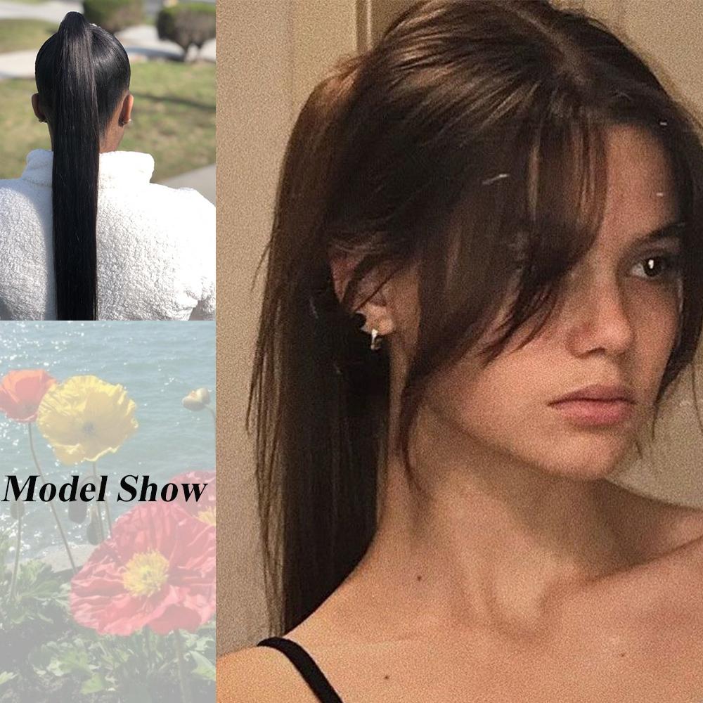 Bybrana Черный коричневый парик из синтетических волос с прямым хвостом на клипсах