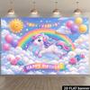 2D flat unicorn birthday party banner background  rainbow sun element  cloud blue sky design  unicorn leaping over rainbow shape