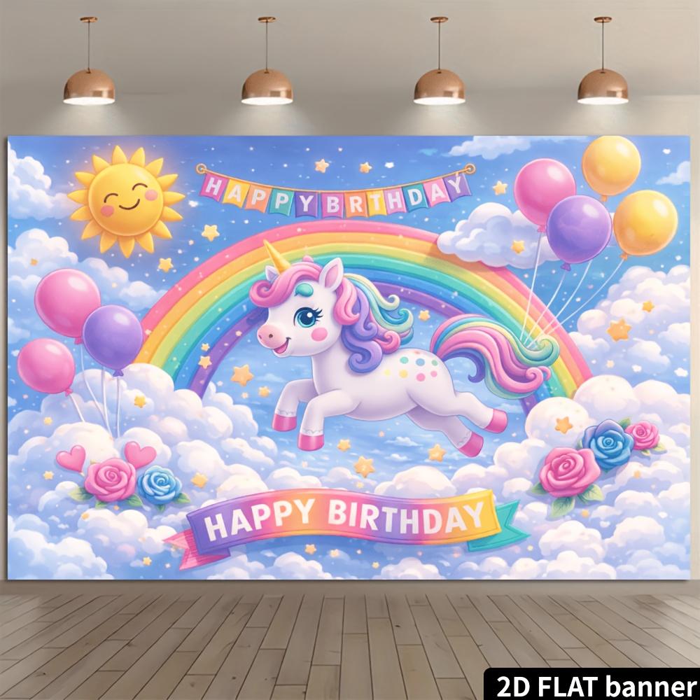 2D flat unicorn birthday party banner background rainbow sun element cloud blue sky design unicorn leaping over rainbow shape