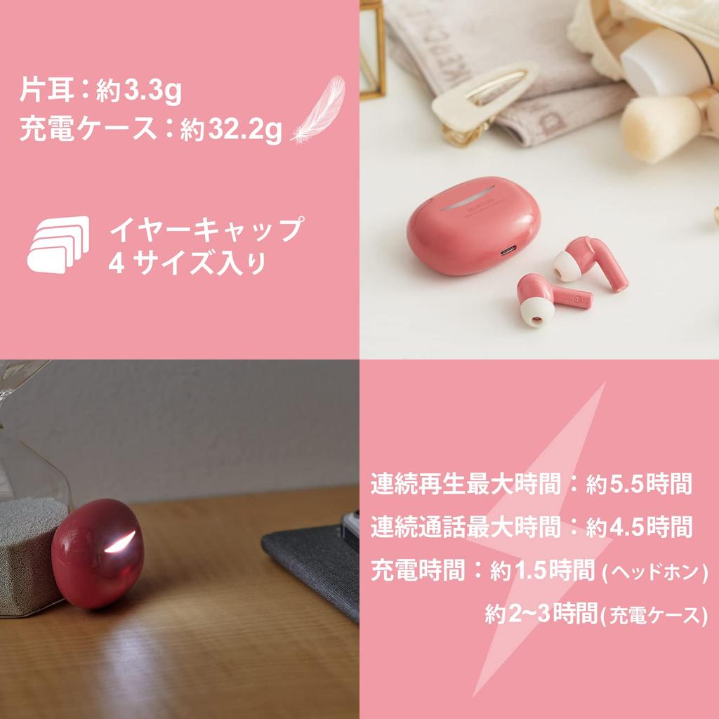 ELECOM Беспроводные Bluetooth Наушники с Шумоподавлением AAC, Истинный Окружающий Звук, 5.2, Шумоподавление, Поддержка, Легкие, Беспроводные, Режим Внутриушных, Режим, Розовый,