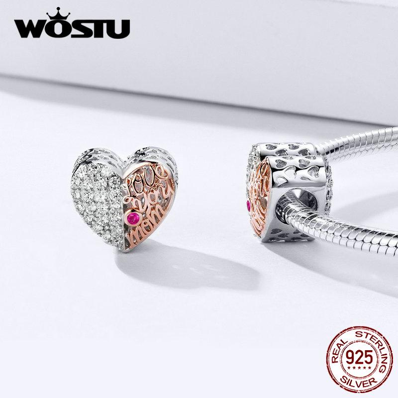 WOSTU Love You Mom Heart Beads 925 Sterling Silver & Rose Gold Family Bead Fit Original Bracelet