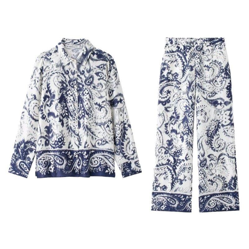 Fashion Style 2024 Autumn New Women's Clothing Slit Design Print Long Sleeves Lapel Shirt Pants 8955174