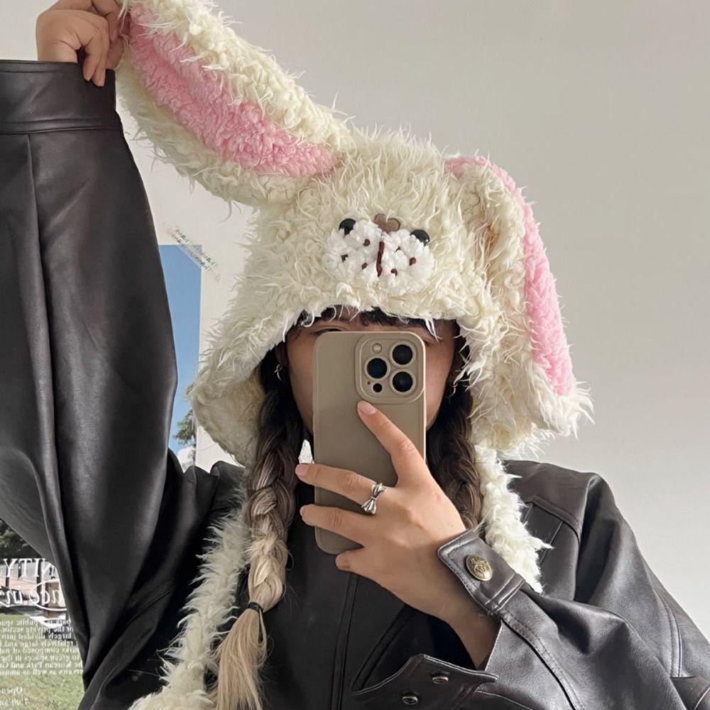 Мягкая теплая шапка с ушками кролика Зимняя шапка для защиты ушей Милая шапка с ушками кролика в стиле Y2k Женская