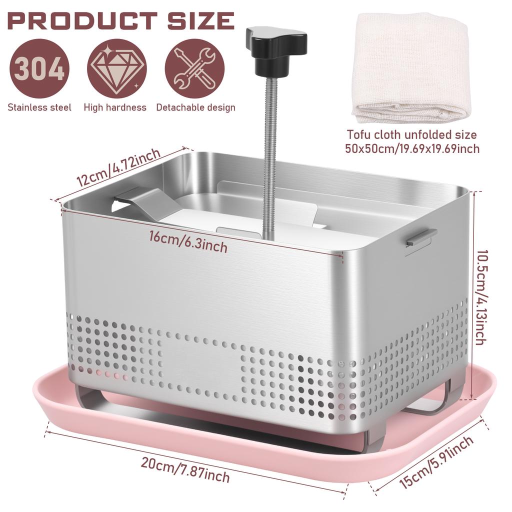 Stainless Steel Tofu Press Cheese Making Molds Homemade Tofu Mold with Presser Towel and Drip Tray Tofu Press Moulds for Kitchen