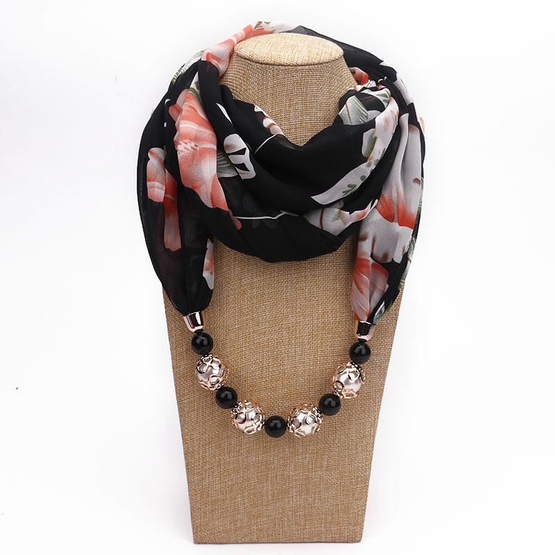 Floral Print Scarf Necklace with Beaded Chain – Elegant Women’s Fashion Jewelry & Versatile Infinity Scarf