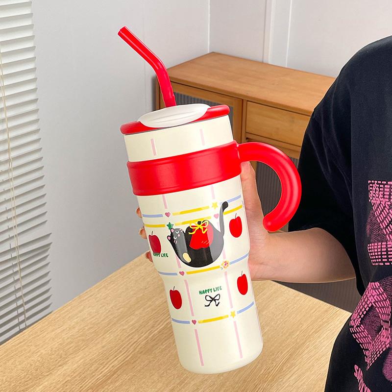 700ML/1.2L Tumbler with Handle Lid Straw Cute Cat Thermos Cup Stainless Steel Water Bottle Outdoor Travel Car Coffee Mug Gift