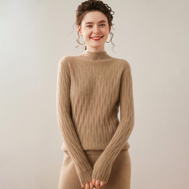 Women's Cable Knit Cashmere Sweater - 12-Gauge, Lychee Pattern, Half-High Neck, Fleece Lining, Twist Design, Wool Base Layer