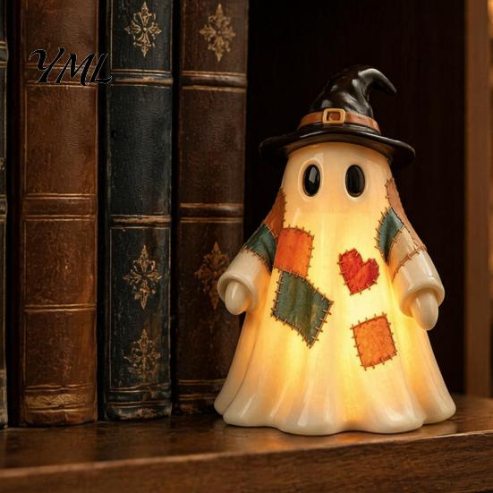 Indoor Halloween Party Supplies Lighted Vintage Patchwork Ghost, LED Light Up Ghost with Pumpkin Lantern, Spooky Nostalgic Fall Mantel Decor Cute for