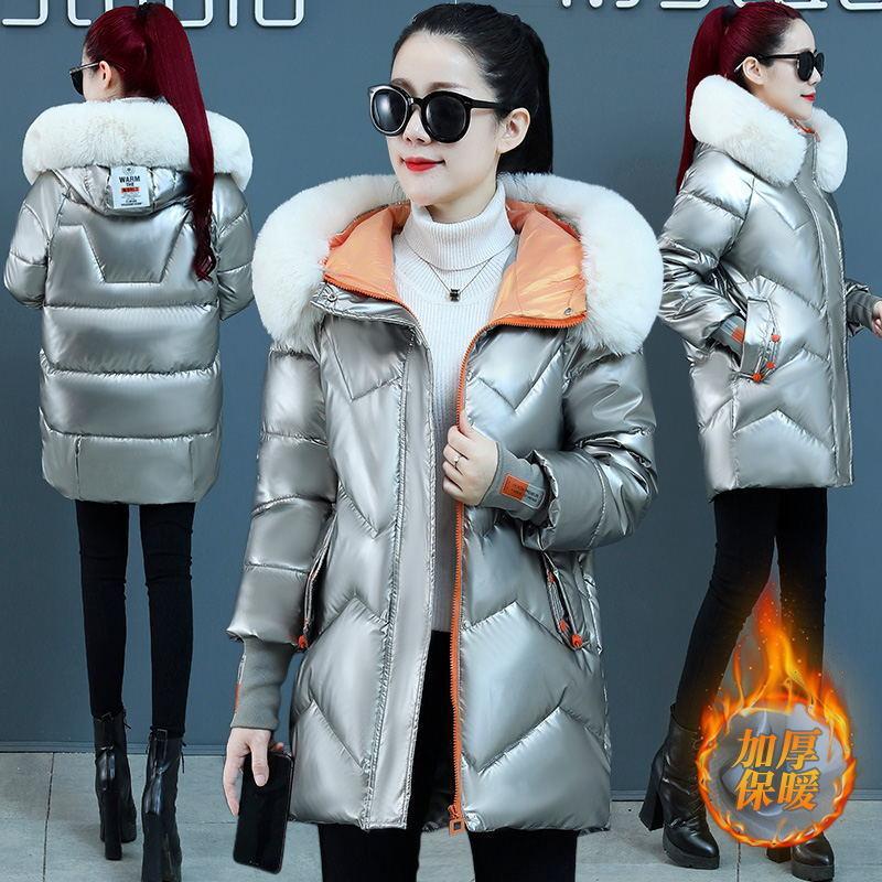 Яркий кожаный пуховик для женщин, свободный крой, большой воротник с капюшоном, теплое и толстое женское пальто