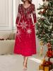 2025 Осень и Зима Новое Женское Повседневное Модное Платье Принт 3D Снежинки Длинный Рукав V-образный Вырез А-силуэт Рождественский Подарок