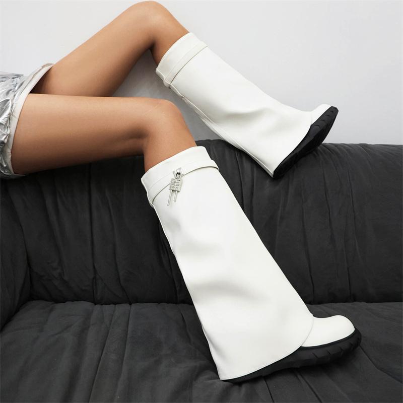 Turned-over Edge Knee High Boots Women Shoes Sexy Wedges Heels Red White Black Western Long Boots Female 2024 Trends Party Shoes