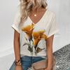 Женская футболка с v-образным вырезом на белом фоне, футболка с цветочным узором и принтом, футболка с короткими рукавами для отдыха, летняя популярная футболка 2024 г.