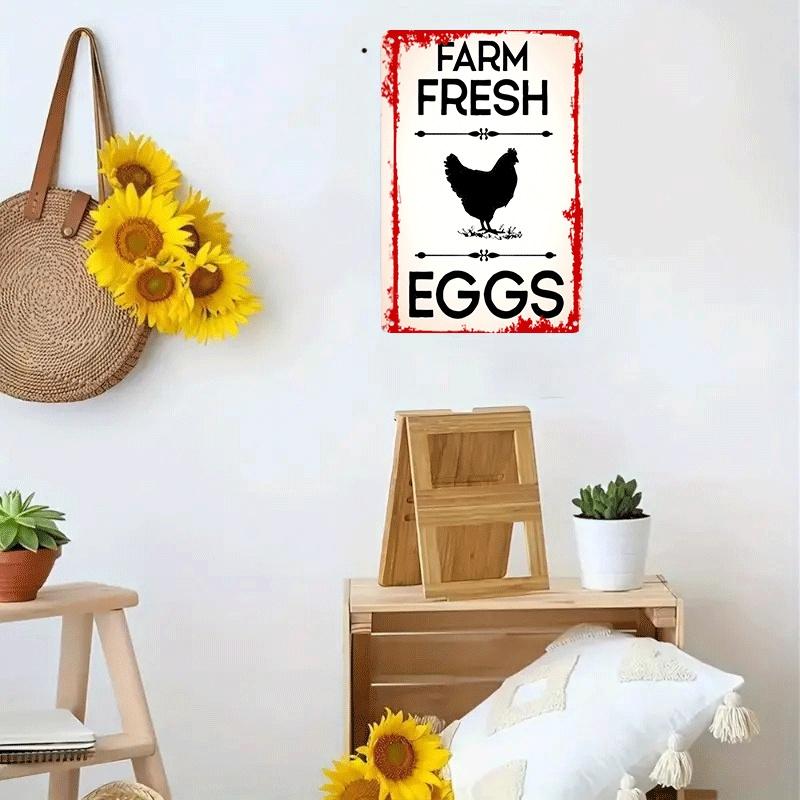 1 piece of vintage tinplate wall hanging, featuring fresh farm eggs, a rustic chicken pattern, suitable for kitchen, dining room