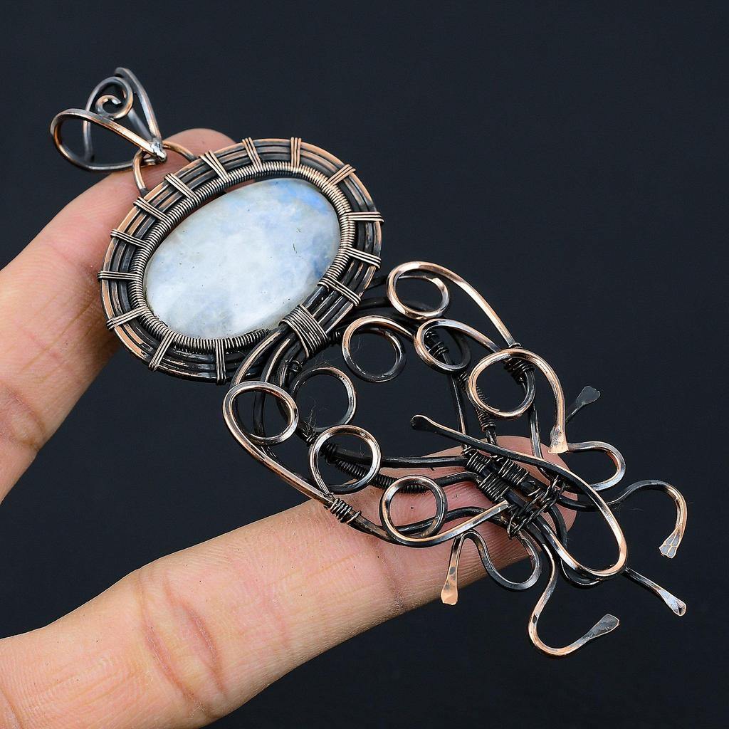 Moonstone Gemstone Copper Wire Wrap Handmade Pendant Jewelry Gift For Her