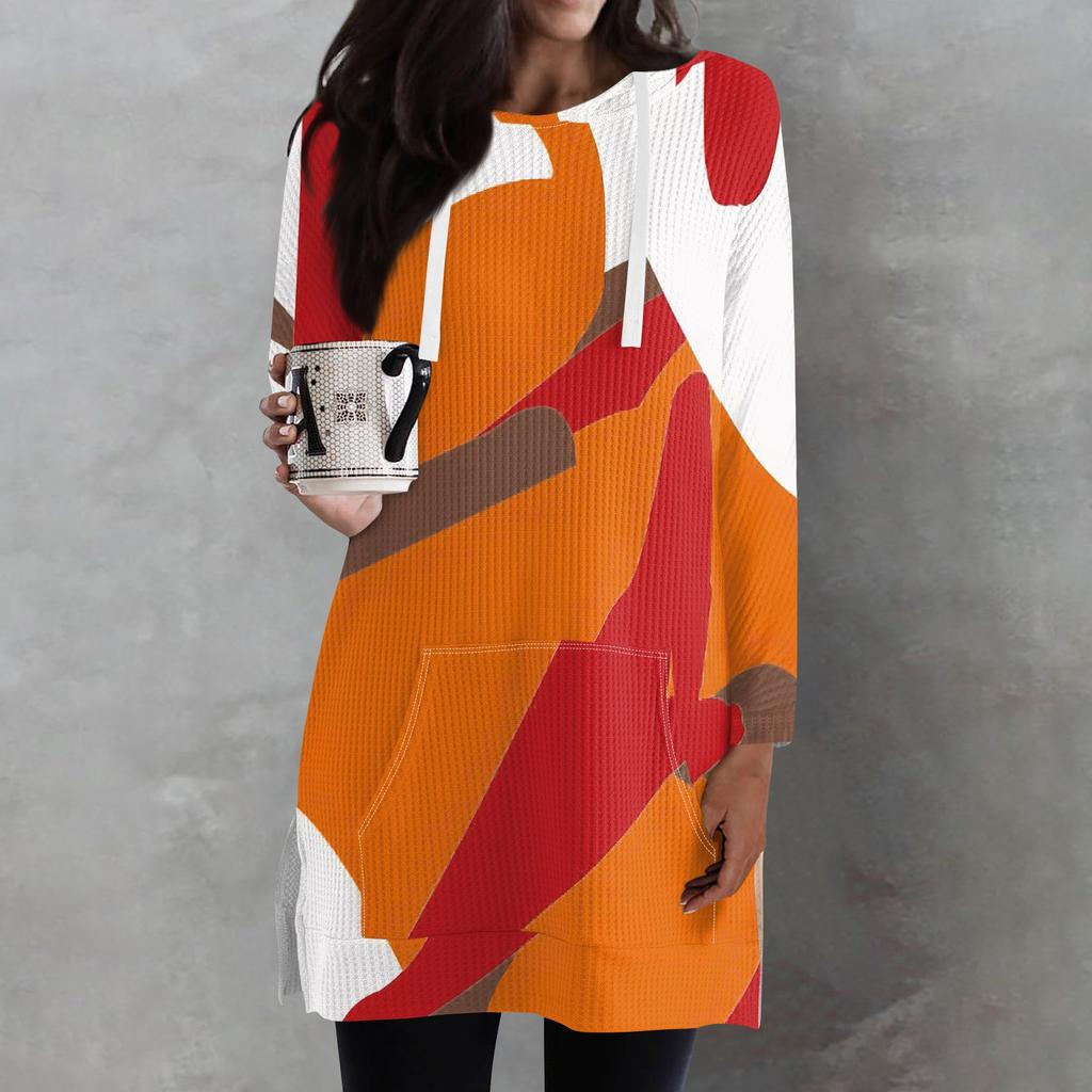 Женские свободные рубашки с принтом, длинные рукава, толстовки с завязками, трикотажные туники с боковыми разрезами, топы с капюшоном и карманом