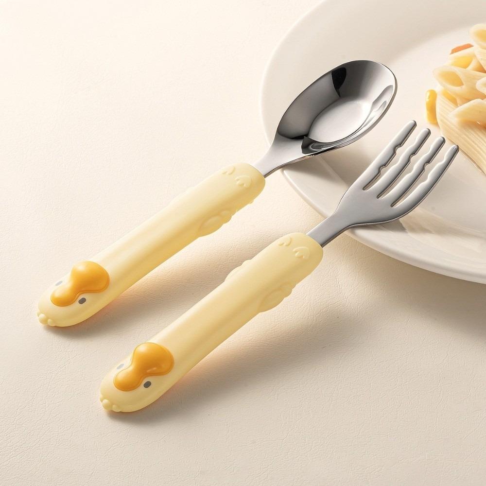 Self Feeding Baby Fork and Spoon Set 316 Stainless Steel Child Tableware  Training Eating