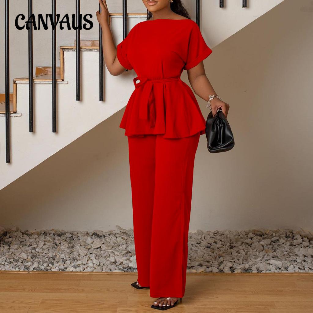 Plus Size Summer Women's Solid Color Tie Short Sleeve Top High Waist Wide Leg Pants Fashion Casual Set