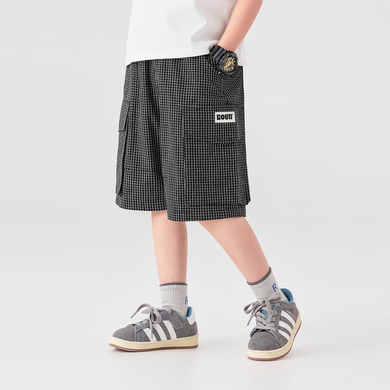 Boys' Loose Fit Black & White Plaid Cargo Shorts