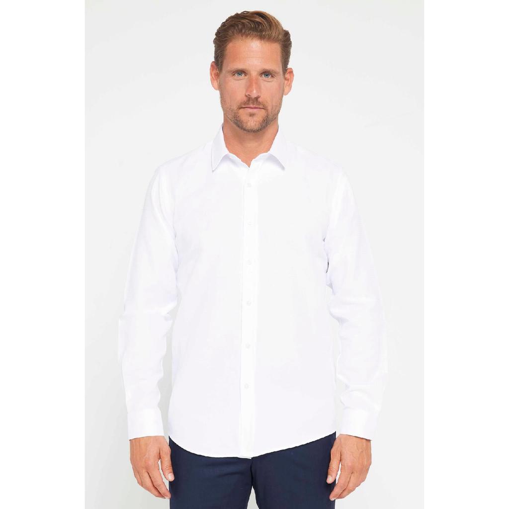 Современная приталенная мужская белая рубашка из хлопка с длинными рукавами, которую легко гладить Добби