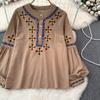 Женская блузка в этническом стиле с круглым вырезом и вышитыми рукавами-фонариками в стиле ретро, ​​летние женские топы с цветными блоками