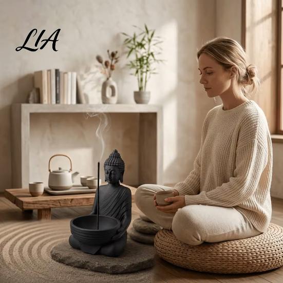 Desktop Buddha Statue Ornament 3D Printed Incense Holder for Stick Incense, Zen Burner Yoga Room Decor with Ash Catcher Bowl, Meditation Entryway Tea
