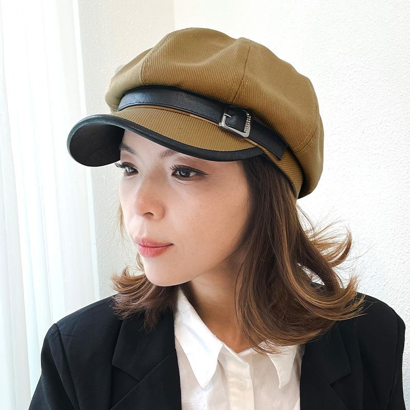 Pu Leather Edge Octagonal Hat for Women Autumn and Winter Retro Japanese Youth Newspaper Baby Hat Korean Style Belt Buckle Duck Tongue Painter Hat
