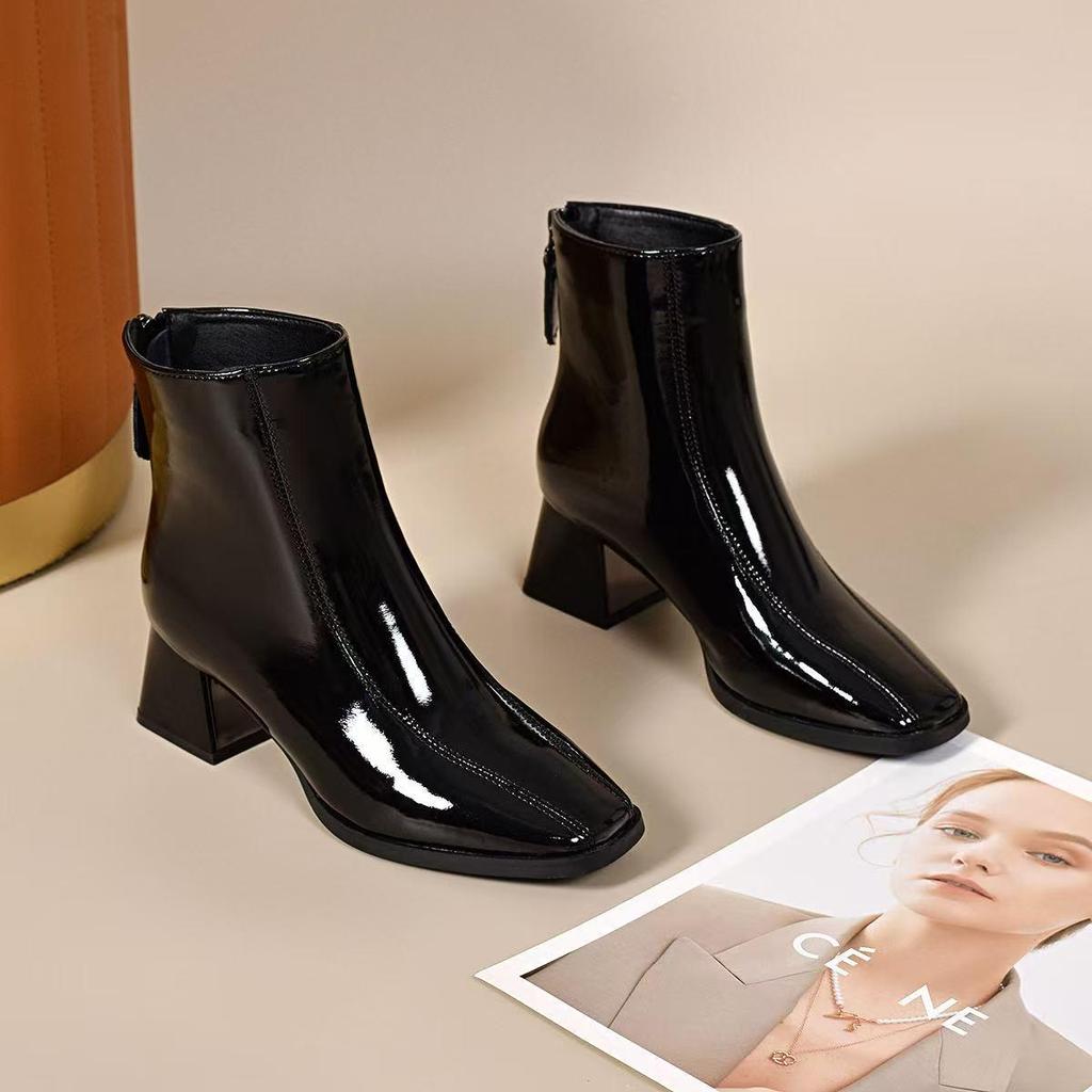 2025 Осень/Зима Натуральная Кожа Квадратный Носок Массивный Каблук Ботинки Челси с Флисовой Подкладкой и Задней Молнией