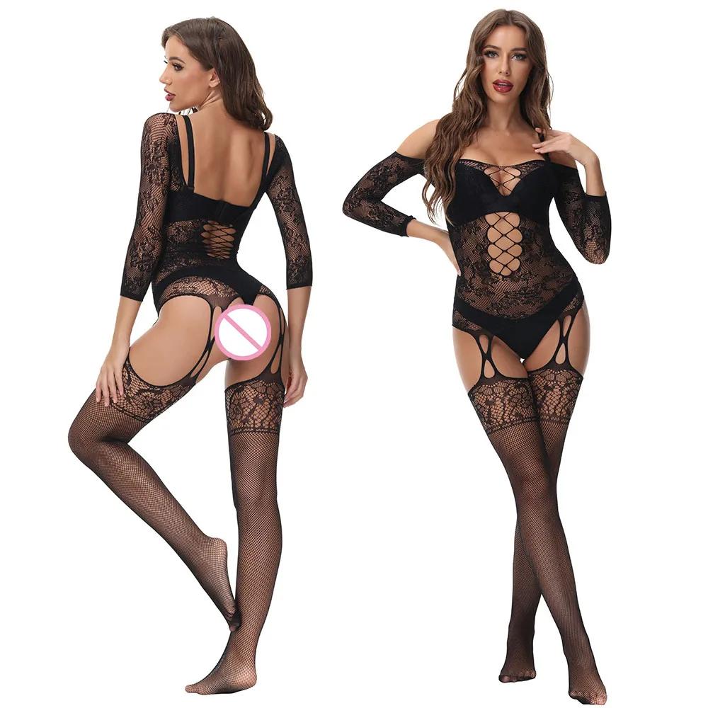 Порнографическое нижнее белье Боди Комбинезон Женское Прозрачное С открытой промежностью Сексуальная одежда Прозрачные чулки в сетку Сетка Горячее Эро