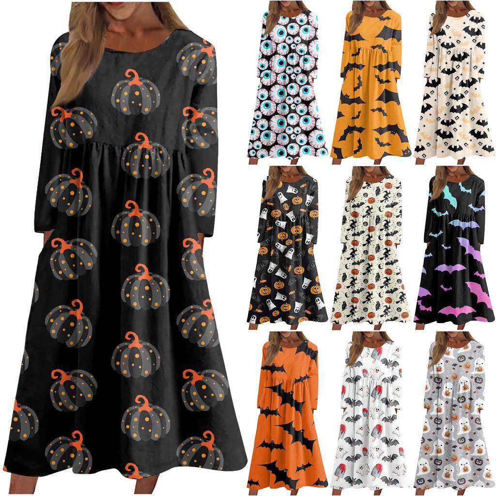 Women's Casual Round Neck Halloween Printed Midi Dress Long Sleeve Pocket Dresses