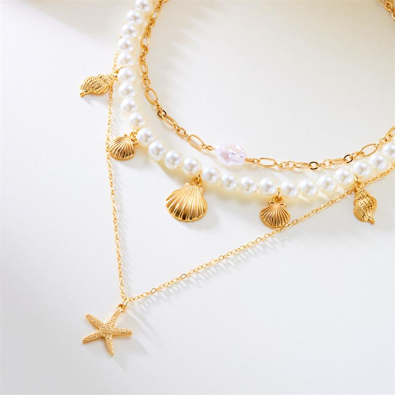 Elegant Imitation Pearl Chain Necklaces for Women Fashion Metal Starfish Shell Pendant Necklaces Minimalist Summer Jewelry Gifts