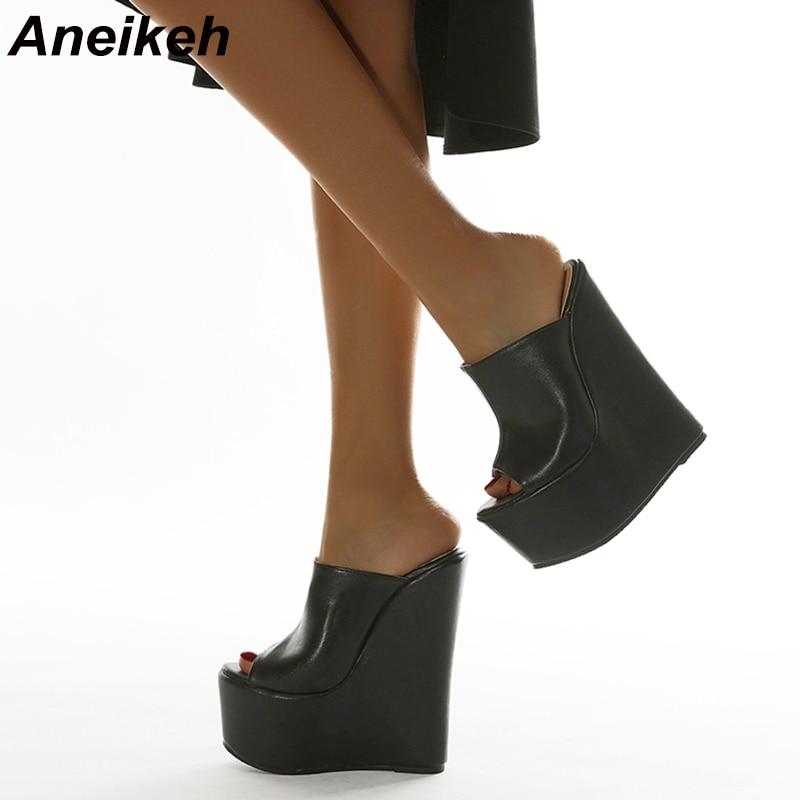 Aneikeh/летние модные женские шлепанцы, пикантные туфли на платформе из искусственной кожи на танкетке с открытым носком, римская обувь для вечеринок, сандалии-мулы, размер 35–42, элегантная новинка 2024 г.