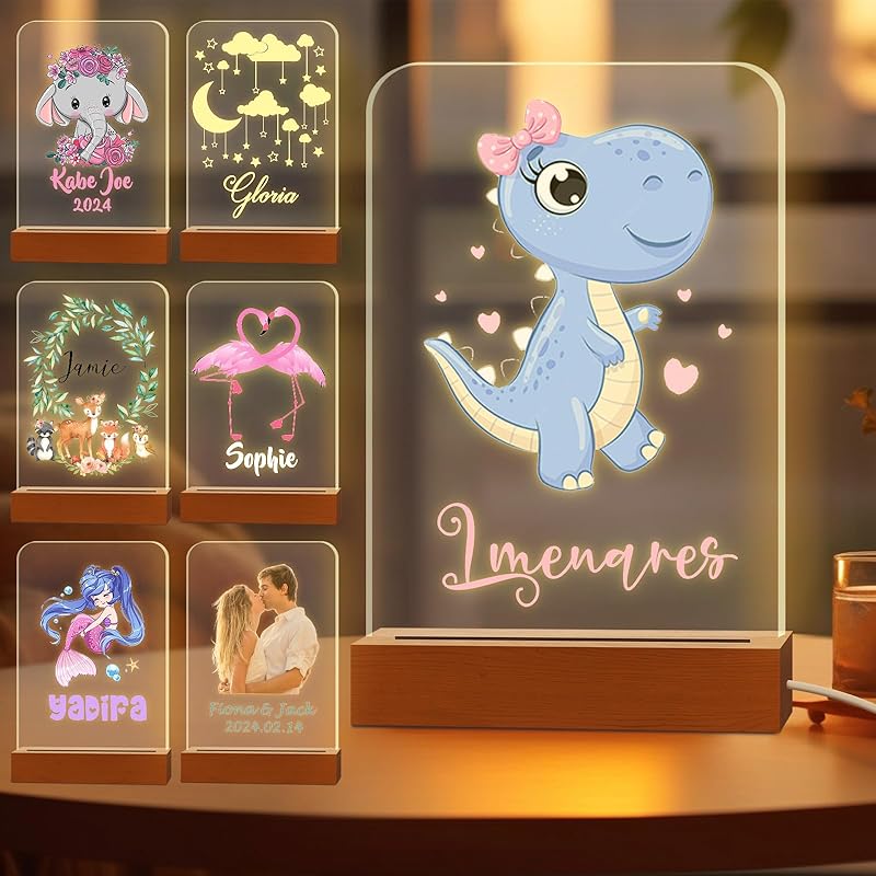 Персонализированный ночник для детей, выгравированное имя, акриловые светодиодные лампы с деревянной основой для детской спальни, декоративный ночник, индивидуальный день рождения
