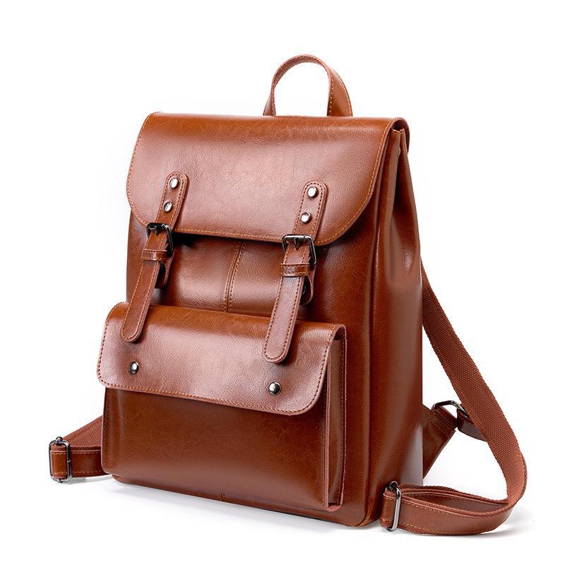 Women's Genuine Leather Backpack - Wear-Resistant Cowhide, 14", Large Capacity, College Style, British Retro, Neutral Design.