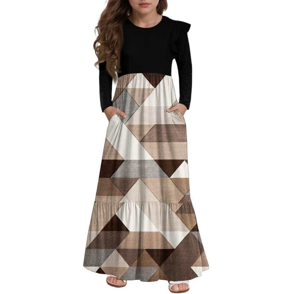 Girls' Tiered Ruffle Dress - Long Sleeve Printed Maxi With Pockets