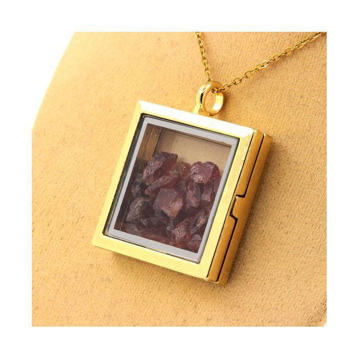 Stones and Minerals. Raw Rhodolite Garnet Necklace. Square Model. Gold Color.