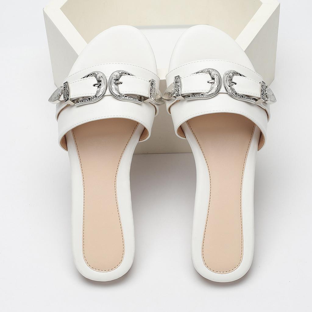 Fashion Metal Belt Buckle Decoration Women's Slippers Summer Lightweight Non-slip Slide Sandals Comfortable Peep Toe Beach Flat Sandals