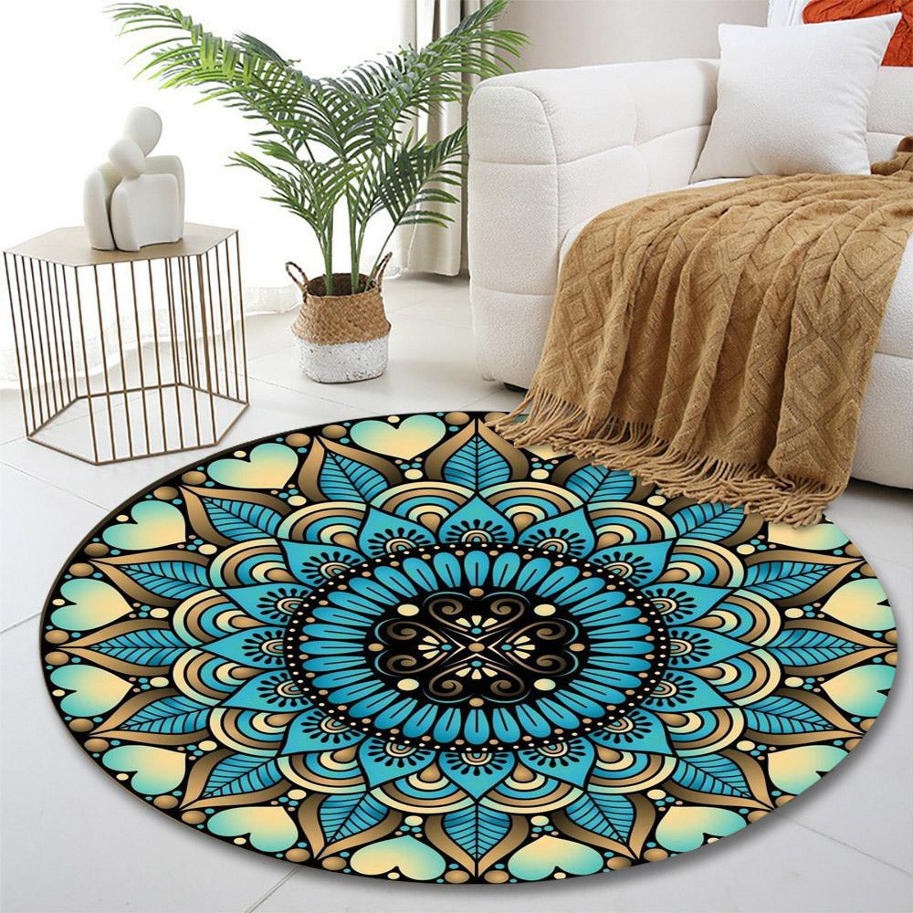 Mandala Pattern with Blue and Gold Accents Print round rug, living room, bedroom, playroom carpet, non slip floor mat, gift
