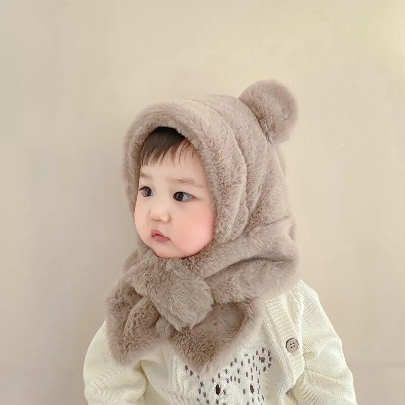 Faux Fur Winter Baby Hat Scarf One-Piece Soft Kids Cap for Girls Boys Cartoon Warmer Neck Ears Baby Bonnet Infant Accessories