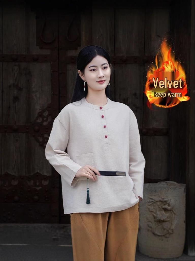 Women's Retro Chinese Style Patchwork Top: Cotton Linen with Fleece, Stand Collar, and Frog Button